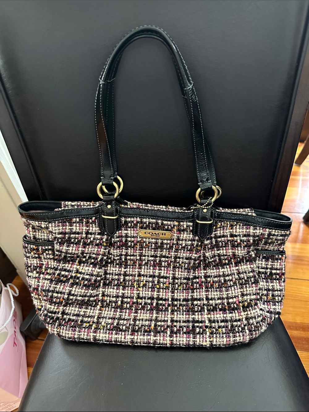 Coach vintage Multicolor Tweed vintage Tote with Black Leather Trim